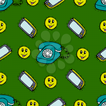 Kids, Cartoon seamless pattern. Skarpbuking. Textiles, green cartoon background. Mobile phone, old phone, emoticons