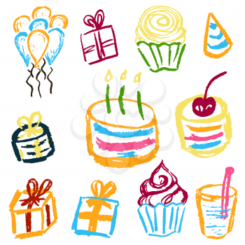 Children's drawings. Elements for the design of postcards, backgrounds, packaging. Printing for clothing. Birthday, cake, sweets, balls gifts