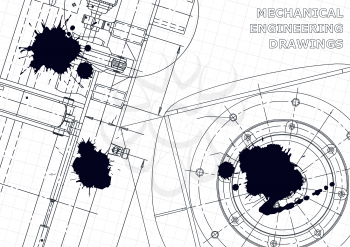 Cover, flyer. Vector engineering illustration. Blueprint, banner, background. Instrument-making drawings. Mechanical engineering drawing. Black Ink. Blots, backgrounds. Scheme, Outline