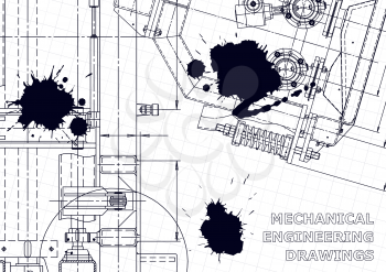 Mechanical instrument making. Technical illustration. Blueprint, cover, banner. Vector. Black Ink. Blots