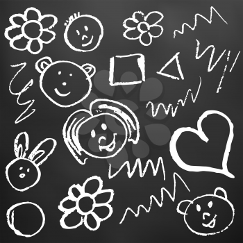 Children's drawings. Elements for the design of postcards, backgrounds, packaging. Printing for clothing. Drawing chalk on a black board. Faces, flowers, heart
