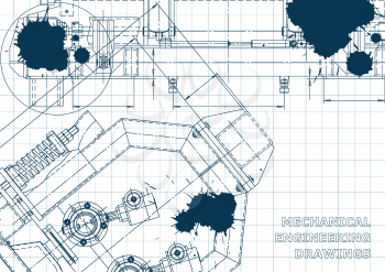 Computer aided design systems. Blueprint, scheme, plan, sketch. Technical illustrations Blue Ink Blots