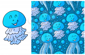 Set of element and seamless pattern. ideal for children's clothing. Jellyfish and background with seashells and sea