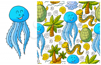 Set of element and seamless pattern. ideal for children's clothing. Jellyfish and background with turtles and palms. Cute characters