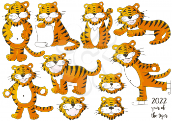 Set of tigers in hand draw style. Symbol of 2022. Faces of tigers. New Year 2022. Collection illustrations