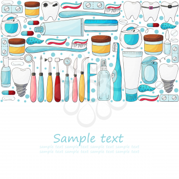 Square flyer, banner, text. Set of elements for the care of the oral cavity in hand draw style. Teeth cleaning, dental health, dental instruments