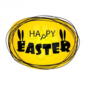 Funny party invitation. Greeting Happy Easter from ugly monsters funny rabbits. Lettering Easter. Silhouette of Bunny with long ears. Congratulations. Yellow vector illustration.