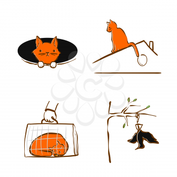 Vector illustration design for pet rescue service. The Cat fell into a hole, sleeping in pet carrier, sitting on roof. Set of pictograms - trouble with domestic cat. Care and help animal in trouble.