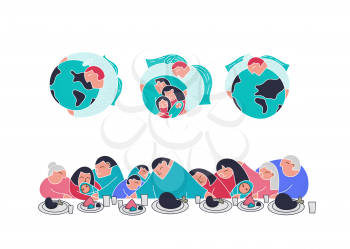Angel God hugs couple family. Stylization mystical supper. Care about peace in family. Doodle trendy people vector illustration. Cartoon flat mom dad daughter baby religious Angel God holy ideas set.
