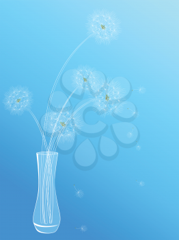 floral background with dandelions in vase on a blue background