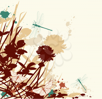 vector retro floral background with clover and dragonfly