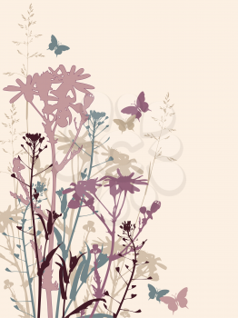 floral background with grass, flowers and butterflies
