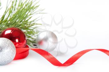 Christmas background with balls and red ribbon