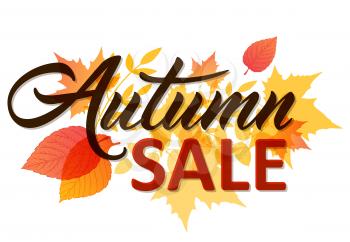Abstract autumn background with yellow and red falling leaves. Autumn sale lettering.