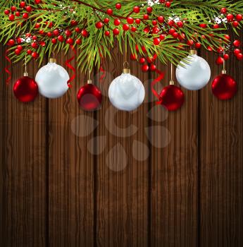 Christmas card with green fir branch and red decorations on a wooden background. Vector illustration. 