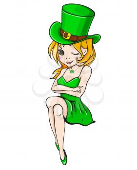 Pretty Girl in a green dress and hat on a white background. Character for St. Patrick's day