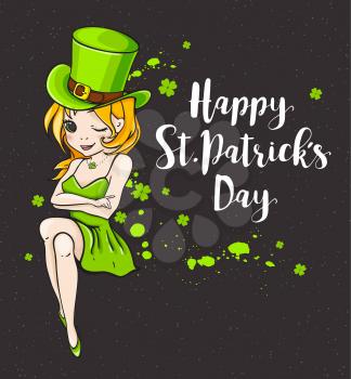 Pretty Girl in a green dress and lettering on a black background. Greeting card for St. Patrick's day