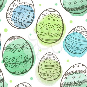Hand drawn Easter seamless pattern with eggs and green watercolor blobs on a white background