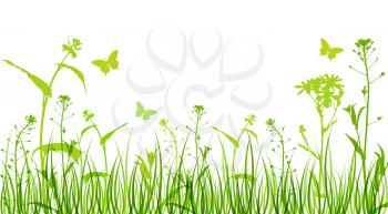 Green floral background with silhouettes of flowers and grass
