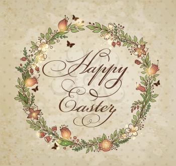 Vintage greeting card for Easter with floral frame. Hand drawn vector illustration