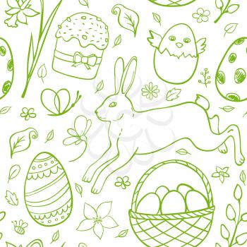 Hand drawn Easter seamless pattern with rabbit on a white background