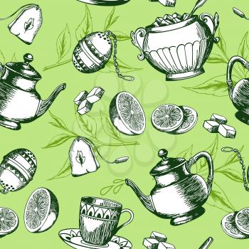 Vintage hand drawn green tea seamless pattern