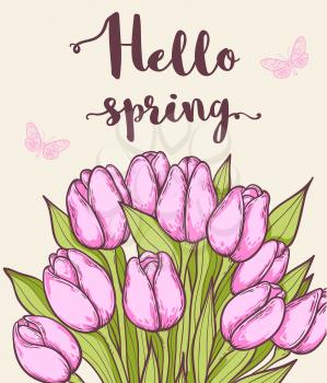 Spring decorative background with pink blooming tulips and lettering