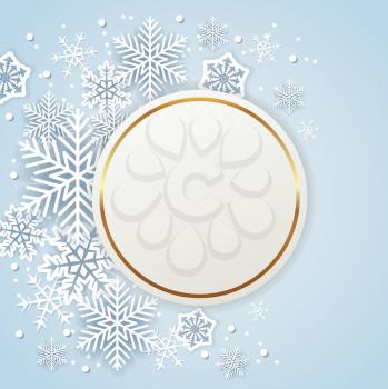 Shining golden holiday background with white paper snowflakes. Abstract round Christmas banner.