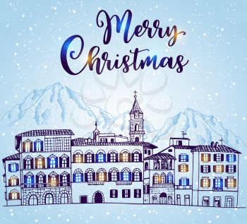 Winter cityscape with houses and mountains in the snow on a blue background. Hand drawn Christmas greeting card. 