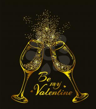 Valentine greeting card with two golden glittering glasses of champagne on a black background. Vector illustration