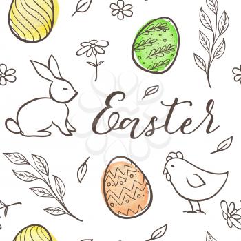 Hand drawn doodle Easter seamless pattern with eggs, chicken and rabbit on a white background. Vector illustration.