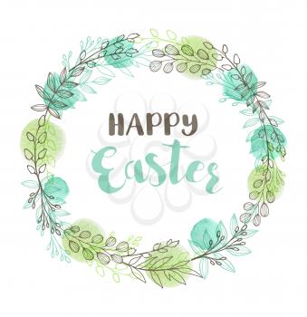 Greeting card for Easter with floral frame. Hand drawn vector illustration with branch, leaves and watercolor elements.