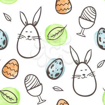 Hand drawn doodle Easter seamless pattern with rabbit and eggs on a white background. Vector illustration.