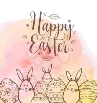 Decorative Easter greeting card with eggs and rabbits. Hand drawn vector illustration with watercolor texture.