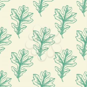 Autumn seamless pattern with green oak leaves. Hand drawn seasonal vector background in vintage style.