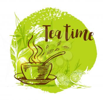 Cup of tea and bamboo branch on a green background in vintage style. Lettering Tea time