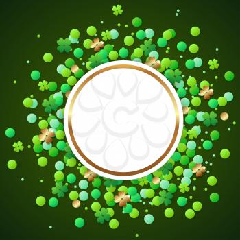 Abstract vector round banner with green confetti and clover leaves. Design for St. Patrick's Day
