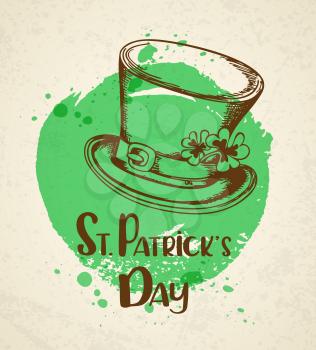 Vector retro background with hat and green round blot.  Vintage greeting card for St. Patrick's day
