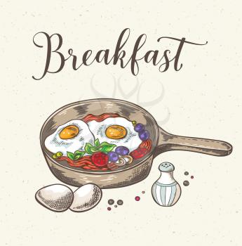 Vintage background with fried eggs, bacon and tomatoes. Hand drawn vector illustration.