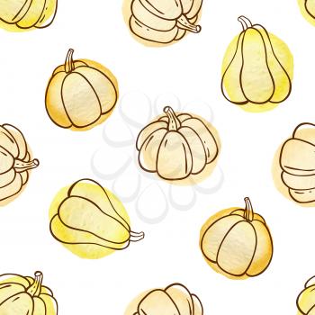 Autumn doodle seamless pattern with pumpkins on a white background. Hand drawn vector illustration with watercolor elements.