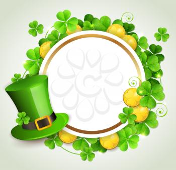 Round banner, green hat and clover leaves. Design for St. Patrick's Day. Vector illustration