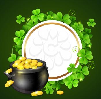 Round banner, pot of gold and clover leaves on a green background. Design for St. Patrick's Day. Vector illustration