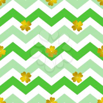 Decorative seamless pattern with green lines and golden clover leaves on a white background. Design for St. Patrick's Day. 