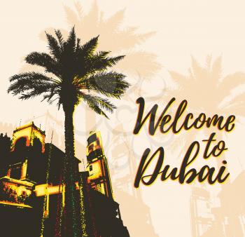 Retro poster with buildings and palm in Dubai city, United Arab Emirates. Vector illustration.