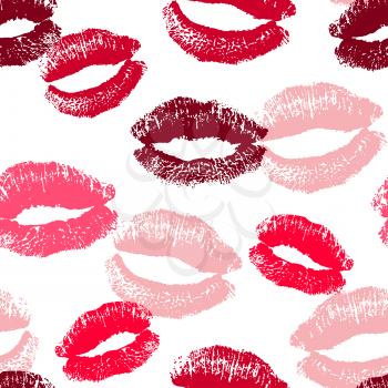 Vector seamless pattern with pink and red stamps of lipstick kisses. Romantic background for Valentine's day.