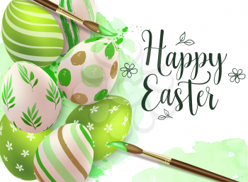 Hand painted green Easter eggs and paintbrush on watercolor background. Vector illustration. Happy Easter lettering