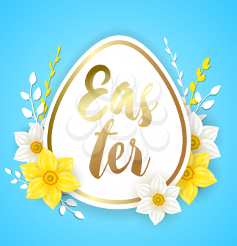 Decorative Easter egg with white and yellow narcissus flowers on a blue background. Vector illustration. Holiday greeting card.