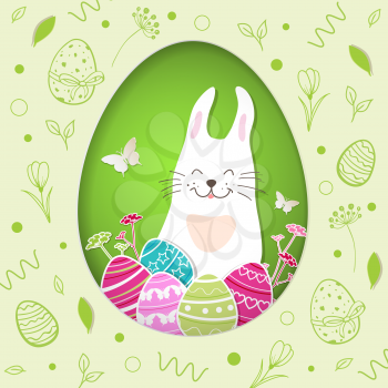 Decorative paper Easter greeting card with eggs, rabbit on a green background. Vector illustration. 