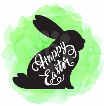 Holiday Easter background with black silhouette of rabbit on a green watercolor background. Vector illustration. 