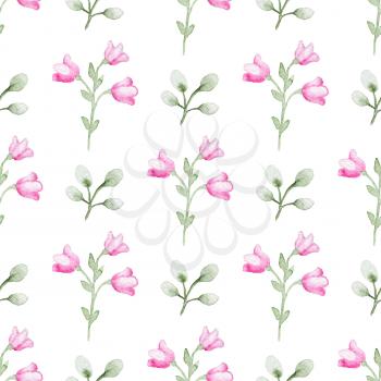 Floral watercolor seamless pattern with green branch and pink flowers on a white background